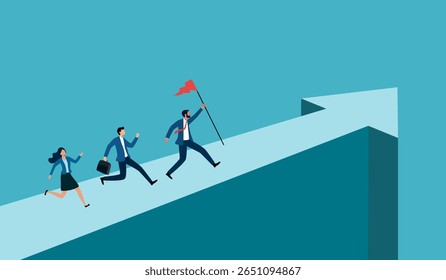 Determinação do líder para liderar a equipe para o sucesso, motivação para vencer juntos, rumo à frente para o sucesso futuro, conceito de vitória ou triunfo, líder de empresário segurando bandeira vencedora levando ao sucesso.