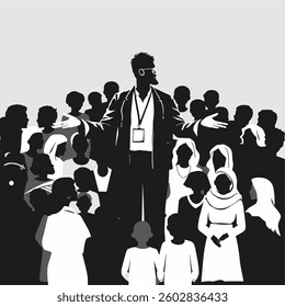 A leader engages with a large, varied audience in a powerful silhouette scene