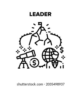 Leader Finance Vector Icon Concept. Leader Finance Manager Thinking Strategy And Searching Solution For Earning Money And Achieve Goal. Businessman International Company Black Illustration
