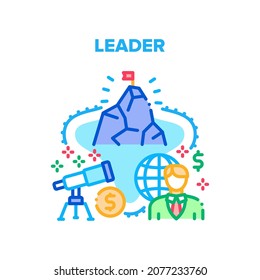 Leader Finance Vector Icon Concept. Leader Finance Manager Thinking Strategy And Searching Solution For Earning Money And Achieve Goal. Businessman International Company Color Illustration
