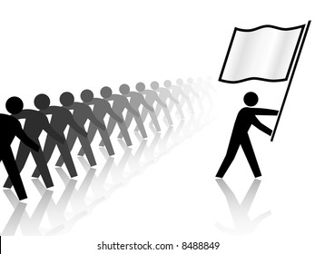 A leader flag carrier marches forward toward victory, progess as a rank of followers marches behind.