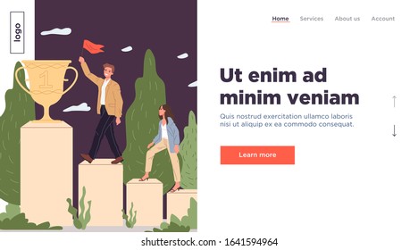 Leader with flag winning prize cup. Man and woman walking upstairs on podium flat vector illustration. Competition, achievement, reward concept for banner, website design or landing web page