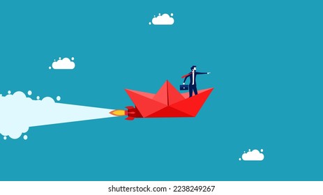 Leader flying in paper boat pointing business direction. vector illustration