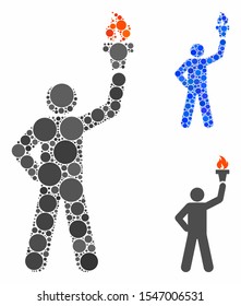 Leader with freedom torch composition of small circles in various sizes and color hues, based on leader with freedom torch icon. Vector filled circles are grouped into blue composition.