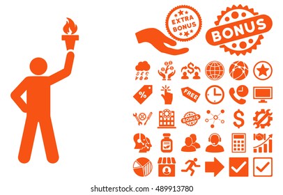 Leader With Freedom Torch icon with bonus elements. Vector illustration style is flat iconic symbols, orange color, white background.