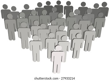 Leader at front of a team group company congregation corporation or population of 3D symbol people isolated on white.