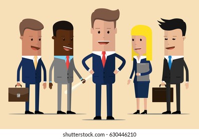 Leader in front of team of successful executives. A team of successful executives led by a great leader who stands in front of them. vector illustration