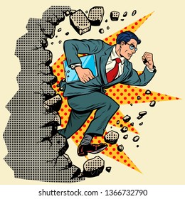 Leader gadget novation breaks a wall, destroys stereotypes. Moving forward, personal development. Pop art retro vector illustration vintage kitsch