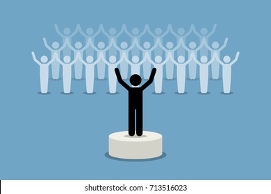 A leader giving inspiration and motivation to his followers. Vector artwork depicts leadership, team spirit, and supporters. This is a successful group, organization, and company.