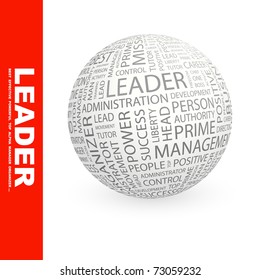 LEADER. Globe with different association terms. Wordcloud vector illustration.