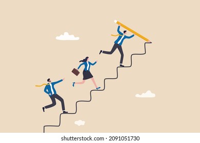 Leader to guide team to achieve success, manager to develop career path or improvement plan, growth or progress concept, businessman leader draw stair with pencil to lead team walk up to target.