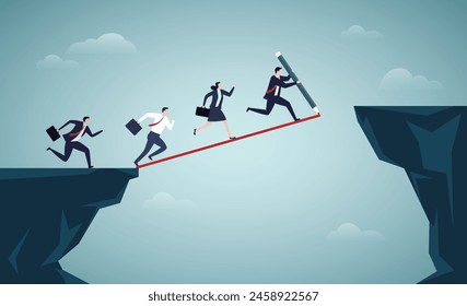 Leader to guide team to achieve success, manager to develop career path or improvement plan, growth or progress concept, businessman leader draw a line to lead team walk up to higher platform.