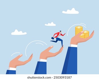 Leader hand helping supporters,businessman jumping up giant hand growth ladder to progress target. giant hands supporting bridge at abyss, Partnership support concept