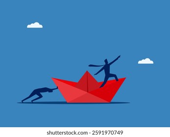 Leader, Hard Working, Businessman Pushing Paper Boat and Crew