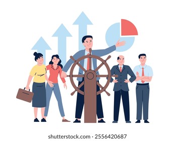 Leader at helm. Businessman boss leads company to success. Smart business management, personal and team work achievement, recent vector scene