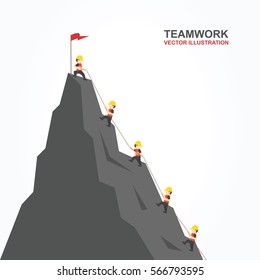 Leader help their friend to climb to the top of the mountain. Vector illustration.