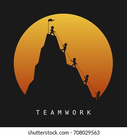 Leader help their friend to climb to the top of the mountain. Vector illustration.