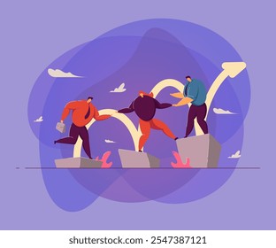 Líder ayudando a su equipo a crecer. Mentor capacitando a los pasantes. Empleados subiendo en la cima de la tabla de crecimiento. Ilustración vectorial para mentoría, integridad, liderazgo, concepto de comunidad