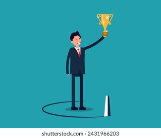 Leader holding award with competitor sawing floor underneath


