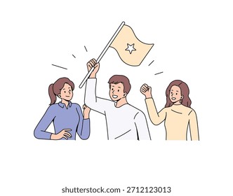 Leader holding a flag while colleagues cheer for achievement. Leadership concept Illustration. Successful team celebrating business victory. Teamwork and leadership. Vector flat design.