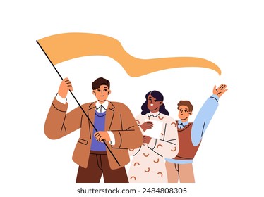 Leader holds flag in hands, leads business team to win. Office workers, employees rejoice at corporate success. Leadership and teamwork concept. Flat isolated vector illustration on white background