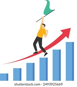Leader holds the flag to the top of the chart, Vector illustration in flat style

