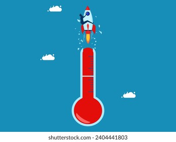 leader is too hot. Businessman riding rocket flies through broken mercury thermometer 
