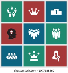 Leader icon. collection of 9 leader filled icons such as woman speaker, ranking, crown, group, head with keyhole. editable leader icons for web and mobile.