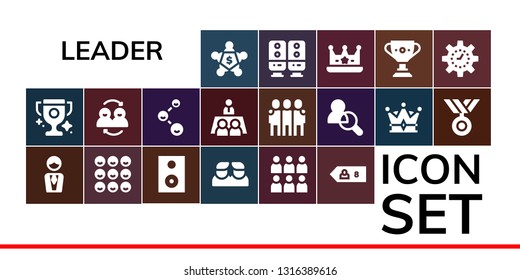 leader icon set. 19 filled leader icons.  Collection Of - Meeting, Trophy, Manager, Friends, Speaker, Team, Friend, Crown, Medal, Management