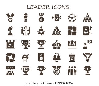 leader icon set. 30 filled leader icons.  Simple modern icons about  - Medal, Trophy, Speaker, Friends, Meeting, Manager, Teamwork, Speakers, Crown, Friend, Success, Tribune