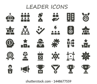 leader icon set. 30 filled leader icons.  Simple modern icons about  - Crown, Team, Trophy, Teamwork, Speakers, Medal, Friends, Group, Success, Motivation, Speaker, Employee, Podium