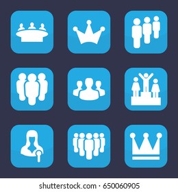 Leader icon. set of 9 filled leader icons such as crown, group, woman speaker, user group
