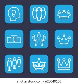 Leader icon. set of 9 outline leader icons such as Crown, group, 1st place star, ranking