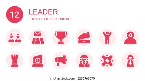 leader icon set. Collection of 12 filled leader icons included Friends, Group, Trophy, Success, Rook, Protest, Customer, Team, Employee, Businesswoman