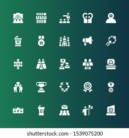 leader icon set. Collection of 25 filled leader icons included Trophy, Conquer, Group, Conference, Crown, Medal, Laurel, Success, Boss, Friends, Meeting, Wreath, Protest, Employee