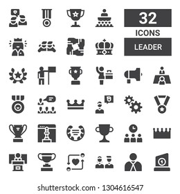 leader icon set. Collection of 32 filled leader icons included Trophy, Employee, Friends, Conference, Crown, Meeting, Laurel, Chess, Medal, Management, Friend, Teamwork, Protest