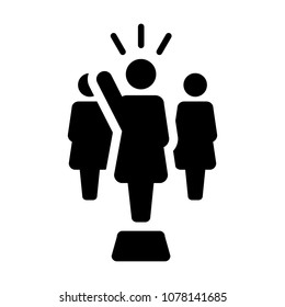 Leader Icon Vector Female Public Speaker Person Symbol For Leadership With Raised Hand In Glyph Pictogram Illustration