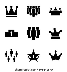 leader icons set. Set of 9 leader filled icons such as Crown, group, crown, 1st place star