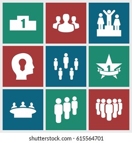 Leader icons set. set of 9 leader filled icons such as group, 1st place star, user group, head with keyhole