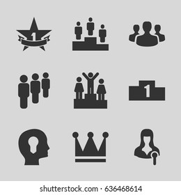 Leader icons set. set of 9 leader filled icons such as crown, woman speaker, ranking, 1st place star, user group 