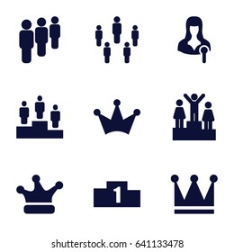 Leader icons set. set of 9 leader filled icons such as crown, woman speaker, crown, ranking