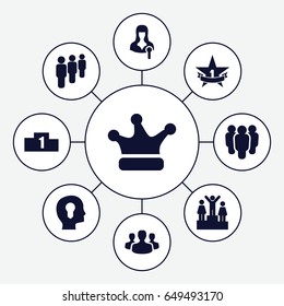Leader icons set. set of 9 leader filled icons such as woman speaker, crown, 1st place star, user group, group, head with keyhole
