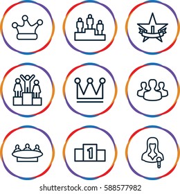 leader icons set. Set of 9 leader outline icons such as Crown, group, woman speaker, crown, user group, ranking