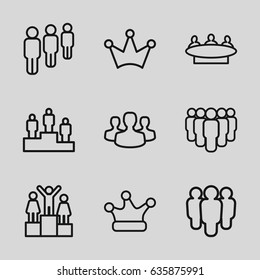 Leader icons set. set of 9 leader outline icons such as crown, group, crown, user group