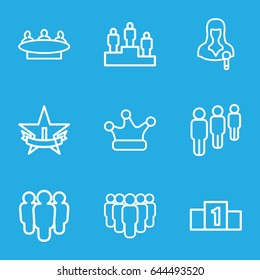 Leader icons set. set of 9 leader outline icons such as group, woman speaker, crown, ranking