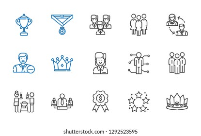 leader icons set. Collection of leader with crown, best, medal, team, friends, group, skills, employee, employees, trophy. Editable and scalable leader icons.