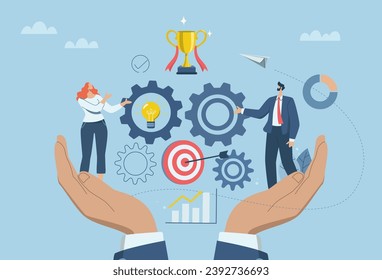 Leader with idea for developing business processes or researching new innovative projects, Problem solving concept and effective management, Businessman on big hand controlling the business mechanism