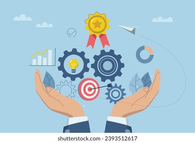 Leader with idea for developing business processes or researching new innovative projects, Problem solving concept and effective management, Businessman's hands controlling business mechanisms.