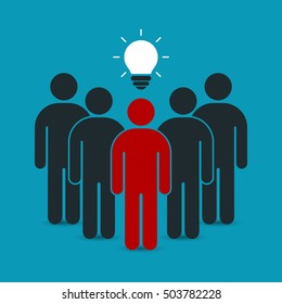 Leader with idea in front of his team. Teamwork business concept.  Vector illustration.