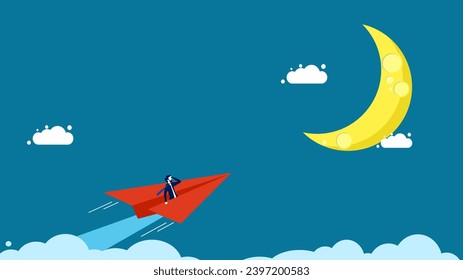 Leader of ideas above the clouds. Businessman controls a paper rocket to the moon 